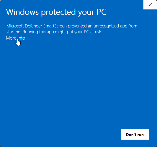 Windows protected your PC screen with the More info link highlighted