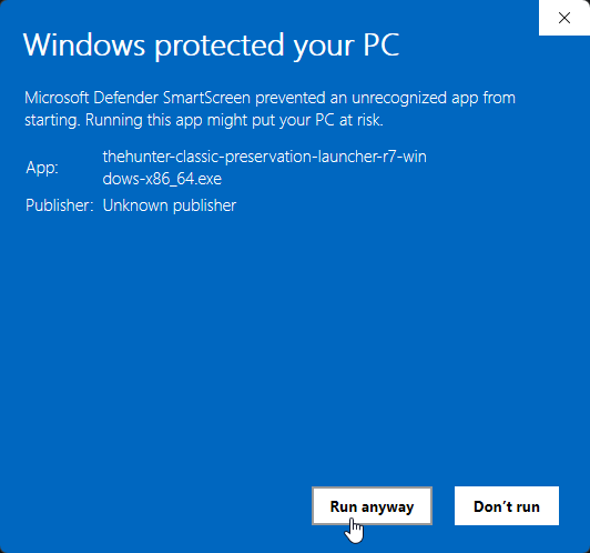 Expanded SmartScreen screen captured on r7, showing the installer name and Run anyway button